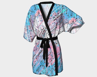Grungy Trippy Funky Abstract Digital Trans Pride Flag Kimono Robe, Polyester or Silk