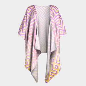 May include: A flowing, open-front kimono in shades of lavender, pink, and yellow. The garment features a geometric pattern of interlocking shapes. The kimono is made of a soft, lightweight fabric, perfect for layering.