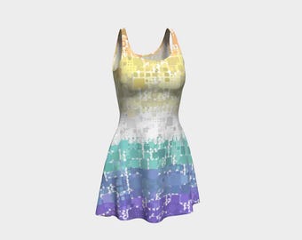 Groovy Boho Quirky Retro Mod Geometric Digital Abstract Genderfaun Pride Flag Polyester Flare Dress