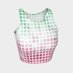 May include: A sleeveless crop top with a geometric pattern. The top transitions from green at the top to pink at the bottom, with a white grid overlay. The design is a repeating square pattern.