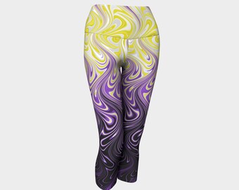 Groovy, verschnörkelte, gewellte, psychedelische, abstrakte, NonBinary-Pride-Flag-Polyester-Yoga-Caprihose