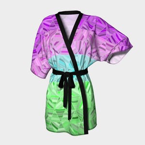 May include: A colorful kimono robe with a geometric pattern in shades of purple, blue, and green. The robe has a black belt and trim. The design features triangles and other shapes.