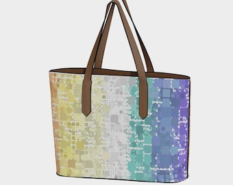Groovy Boho Quirky Retro Mod Geometric Digital Abstract Genderfaun Pride Flag Vegan Leather Tote Bag