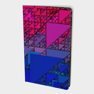 May include: A notebook cover featuring a geometric design of pink, blue and black triangles. The triangles are arranged in a fractal pattern, creating a sense of depth and complexity.