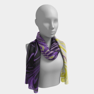 May include: A purple, yellow, and black patterned scarf. The scarf is made of a soft, flowing fabric and is worn around the neck of a mannequin.
