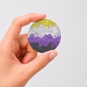May include: A circular pin featuring a stylized cloud pattern arranged in horizontal stripes of yellow, white, purple, and black. The design uses swirling, rounded shapes to create a layered, textured appearance across the entire round surface.