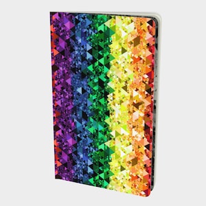May include: A notebook cover with a rainbow geometric pattern of small triangles. The cover is made of a textured material that resembles glitter.