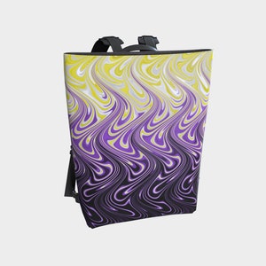 May include: A black backpack with adjustable straps. The backpack is made of a fabric with a swirling pattern of yellow, purple, and black.