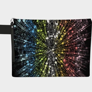 May include: A black rectangular zipped pouch with a vibrant, abstract design. The design showcases a radial pattern of lines and dots in shades of blue, green, yellow, orange, and pink. A black strap is attached to the side.