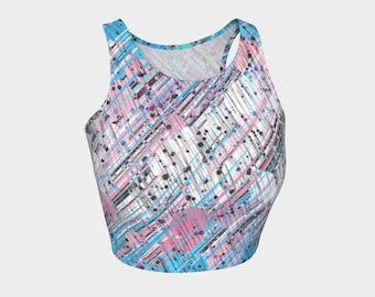 Grungy Trippy Funky Abstract Digital Trans Pride Flag Polyester Athletic Crop Top, Glitter or Performance Knit