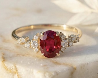 Zierlicher Ovalschliff Roter Rubin 14K Gold Ring, Zierliche Vintage Verlobungsring, Hochzeit Braut Versprechen Geschenk für Sie, Reisering für Sie, Art Deco
