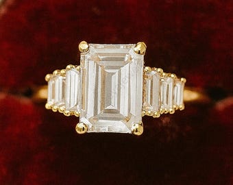 Vintage Emerald Cut Moissanite Engagement Ring, Baguette Wedding Promise Ring, 14K Gold Anniversary Ring For Women, Art Deco Proposal Ring,
