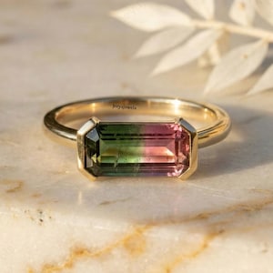 Può includere: Un anello d'oro con una gemma rettangolare multicolore. La gemma mostra una sfumatura di verde, rosa e viola. L'anello è posto su una superficie di marmo, con un rametto di fiori bianchi sullo sfondo. L'anello è del marchio "jeryjewels".