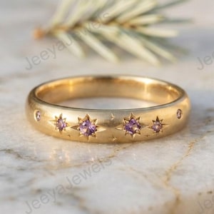 Celestial Amethyst Star Ring, 14K gouden Starburst-trouwring, paarse edelsteen Eternity-ring, North Star Birthstone-sieraden, cadeau voor haar