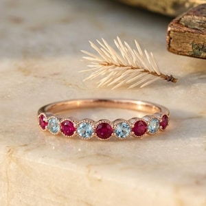 Ruby and Aquamarine Wedding Band Rose Gold Milgrain Eternity Ring, Alternating Gemstone Stacking Band, July March Birthstone Gift for Her