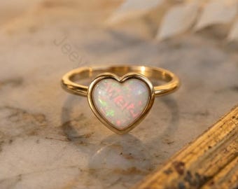 Heart Cut Opal Ring 14k Gold Bezel Engagement Ring Fire Opal Jewelry Delicate White Opal Ring Cute Promise Ring Handcrafted Gift For Her