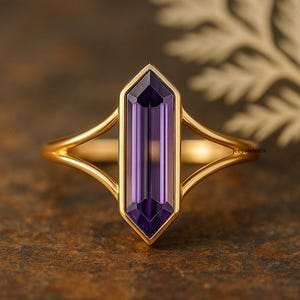 Art Deco Amethyst Ring, 18K Yellow Gold Geometric Ring for Women, Statement Purple Ring, Long Hexagon Cut Engagement Ring, Personalized Gift