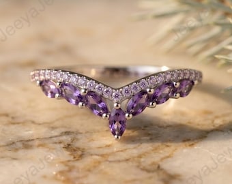 Amethyst Curved Wedding Band, Marquise Cut Purple Gemstone Ring, Chevron Wishbone Ring, V Shaped Stacking Band, Anniversary Gift for Women
