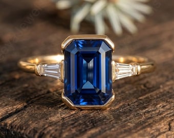 Emerald Cut Blue Sapphire Engagement Ring, Bezel Set Sapphire Ring with Baguette Diamonds, 14k Gold Art Deco Bridal Ring, Anniversary Gift