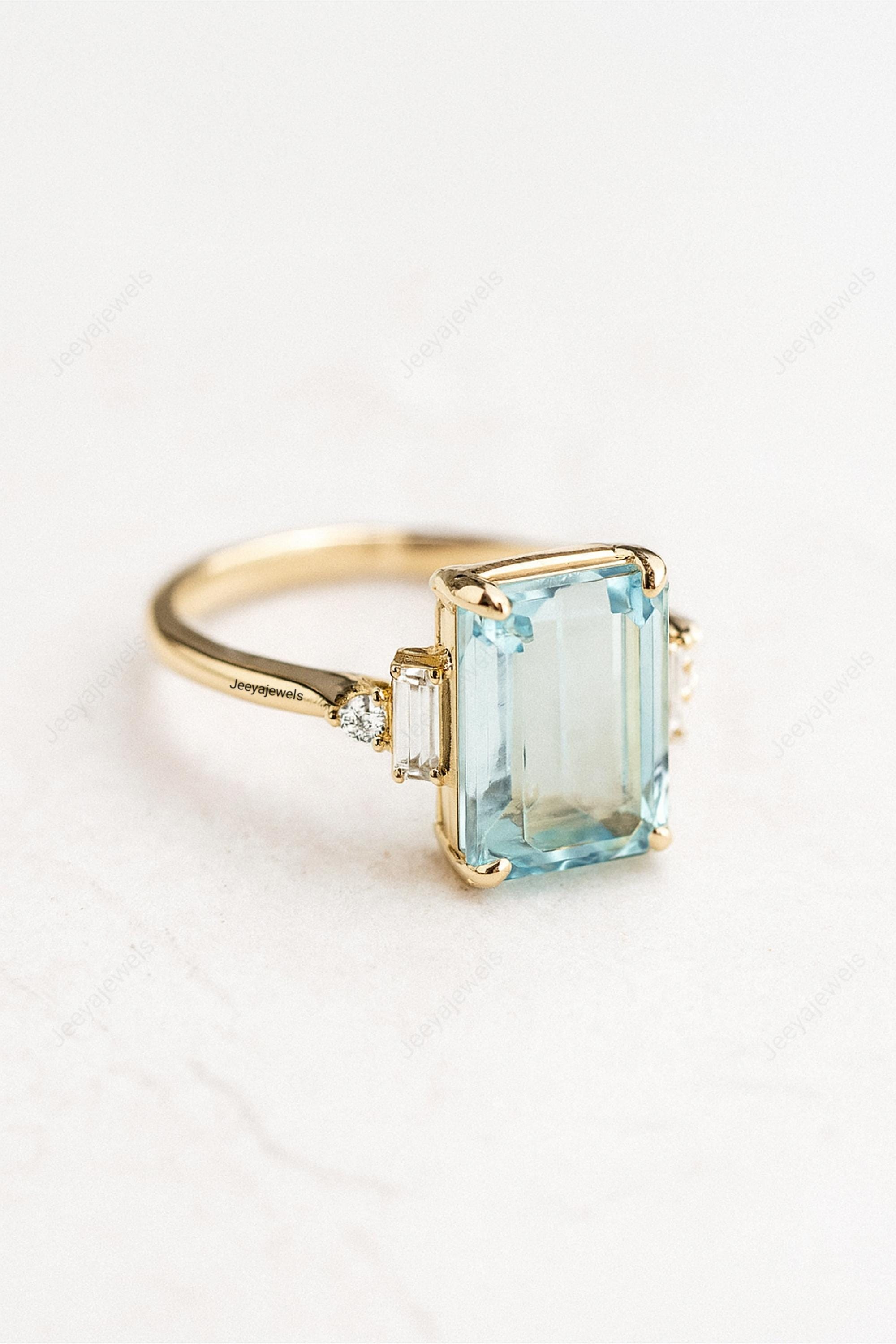Emerald Cut Aquamarine Ring 925 Sterling Silver Engagement Ring Baguette Diamond Promise Ring March Birthstone Ring Anniversary Gift For Her
