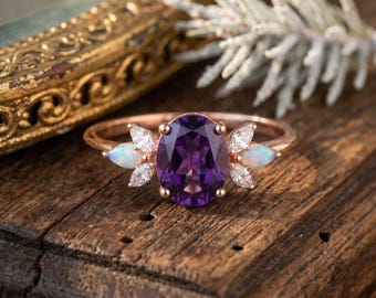 Vintage Amethyst Opal Engagement Ring Rose Gold, Nature Inspired Oval Purple Gemstone Ring for Women, Art Deco Anniversary Promise Ring Gift