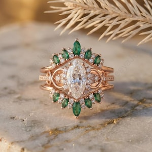Marquise Moissanite Engagement Ring Set, Vintage Emerald Wedding Band, Rose Gold Bridal Set For Women, Unique Cluster Stacking Ring Gift