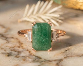 Emerald Cut Green Aventurine Ring 14k Gold Engagement Ring For Women Vintage Green Gemstone Ring Baguette Moissanite Bridal Anniversary Gift