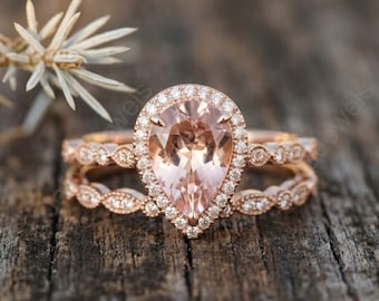 Set di anelli di fidanzamento con morganite a forma di pera, anello con alone in oro rosa 14 carati, fede nuziale Art Déco con moissanite, anello vintage con gemma color pesca, set da sposa per donna