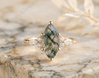 Unique Moss Agate Engagement Ring Marquise Cut Green Stone Ring Gold Nature Inspired Jewelry Marquise Diamond Cluster Ring Gift for Her