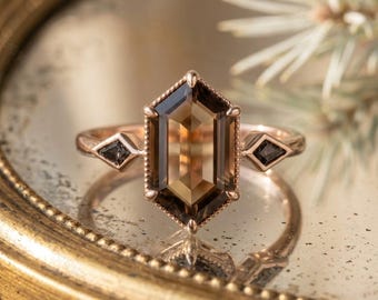 Smoky Quartz Elongated Hexagon Ring in 14K Rose Gold, Art Deco Geometric Engagement Ring for Women, Unique Brown Gemstone Jewelry