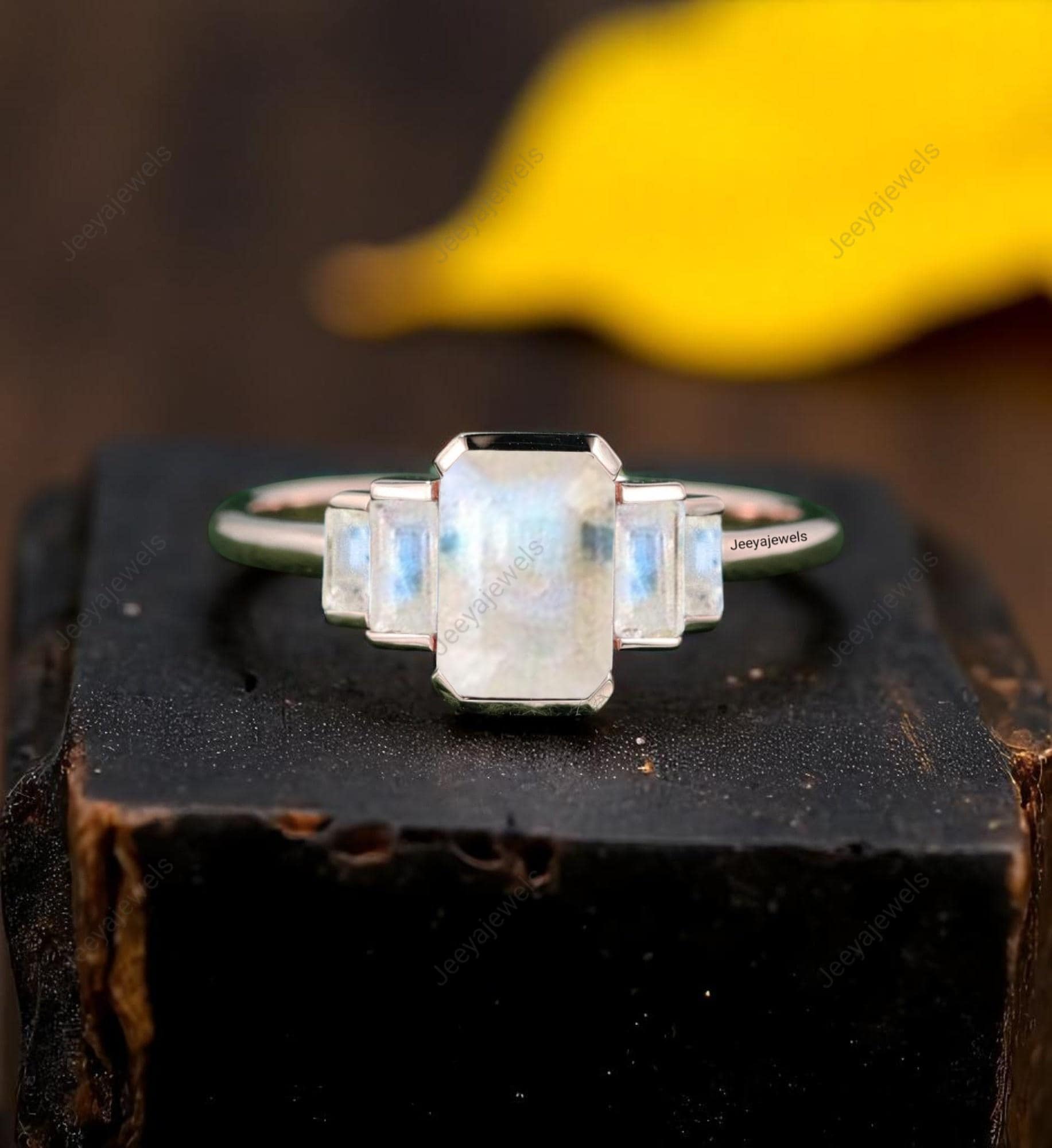 Moonstone Ring, Natural Gemstone Wedding Ring, 5 Stone Blue Fire Moonstone Ring, Silver Moonstone Jewelry Solitaire Ring, Minimalist Jewelry
