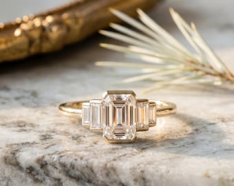 Emerald Cut Moissanite Engagement Ring Yellow Gold Bezel Set Three Stone Ring Art Deco Emerald Diamond Wedding Ring Baguette Side Stone Ring