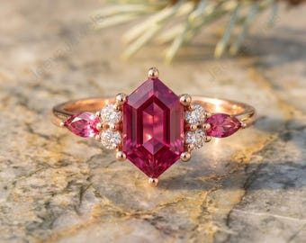 Hexagon Pink Sapphire Engagement Ring Rose Gold Unique Marquise Cut Pink Sapphire Wedding Ring For Women Personalized Cluster Sapphire Gift
