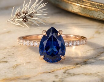 Pear Shaped Blue Sapphire Engagement Ring 14K Gold, Teardrop Pave Moissanite Wedding Art Deco September Birthstone Promise Ring for Women