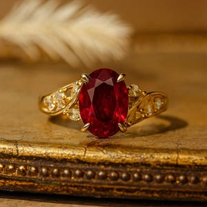 May include: A gold ring featuring a large, oval-cut ruby gemstone. The ring has a detailed filigree design on the band, with smaller accent stones. The ruby is a deep red color, and the ring is set against a warm, golden background.