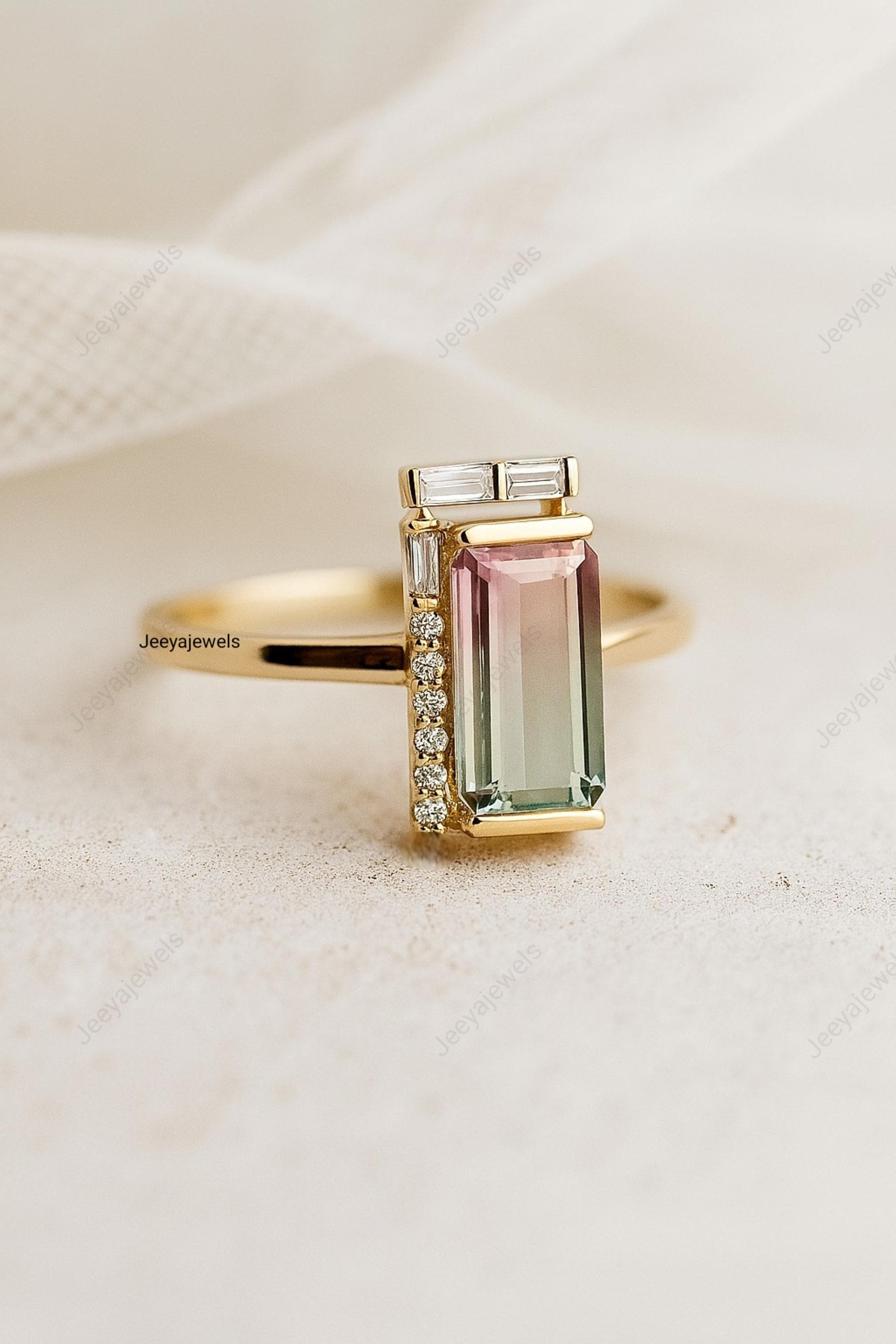 Baguette Cut Watermelon Tourmaline Ring, 18K Solid Gold Engagement Ring, Tourmaline Gemstone Ring, Half Halo Diamond Ring, Gift For Women