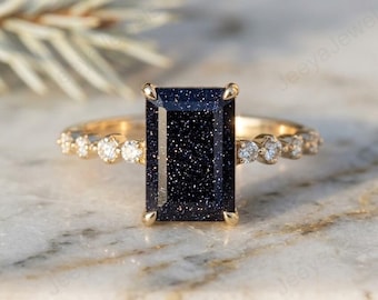 Blue Sandstone Engagement Ring Baguette Cut Gold Galaxy Sandstone Ring For Women Art Deco Blue 14K Gold Bridal Ring Promise Anniversary Gift
