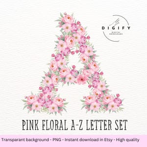 Alfabeto floral rosa PNG - Clipart floral boho - Arte digital del alfabeto de guardería - Letras rosas PNG - Letras rosas para guardería - Sublimación