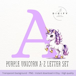 Unicorn Alphabet PNG - Purple unicorn Clipart - Pastel Unicorn Clipart - Unicorn PNG Clipart Fiery - Printable Files - Sublimation PNG