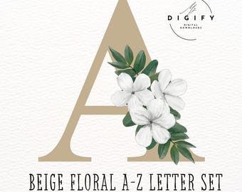 Floral Beige Letter PNG Clipart: White Flowers Alphabet (Digital Download)