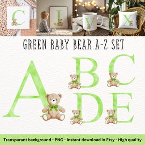Green Baby Bear Alphabet PNG Clipart: A-Z Teddy Bear Designs (Digital Download)