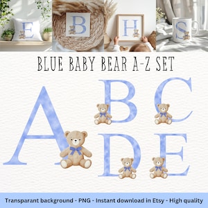 Alphabet bleu ours en peluche imprimable - Clipart alphabet bleu - Alphabet PNG - lettres aquarelles - Clipart étape étape bébé - Clipart chambre d'enfant.