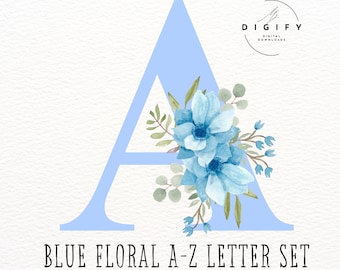 Blue Floral Alphabet Clipart – Watercolor Flower Letters (PNG Digital Download)
