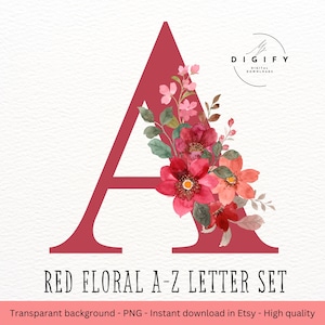 Letras del alfabeto con flores rojas - Elegantes flores rojas - Descargas digitales - Impresiones, manualidades - Invitaciones - Sublimación - Cricut - PNG - Boho