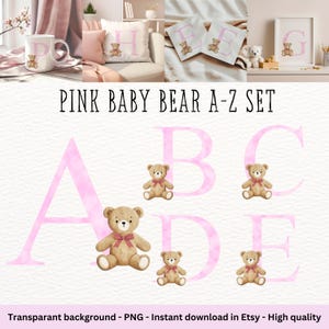 Pink Baby Bear Alphabet PNG | A-Z Clipart Letters | Baby Girl Nursery Download
