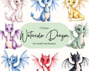 Watercolor Baby Dragon Clipart – Fantasy PNG Bundle (Digital Download)