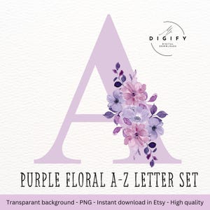 Alfabeto floral morado Clipart - Alfabeto PNG - Linda flor - Boho - Clipart de hitos de bebé - Clipart de guardería - Sublimación - Cricut - Lila