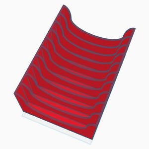 May include: A red, rectangular object with curved, dark blue lines. The object has a white rectangular base and a curved top. The design is a stylized representation of a food item.