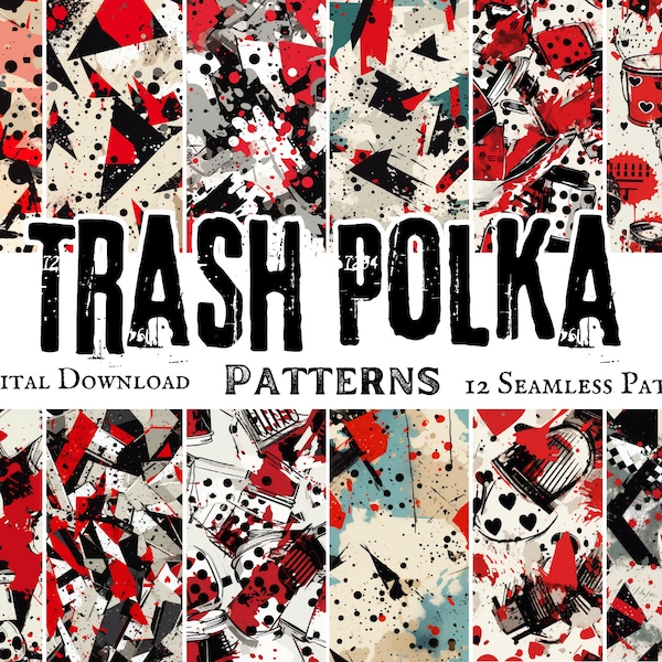 Trash Polka Seamless Patterns, 12 Digital Papers, Grunge Aesthetic, Tattoo Art, Prints For Scrapbooking, Crafts, Flyers, Tumbler Wraps