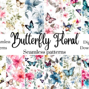 Motivi floreali senza soluzione di continuità con farfalle, 12 documenti digitali, bellissime farfalle, texture stampabili per scrapbooking, artigianato e altro ancora